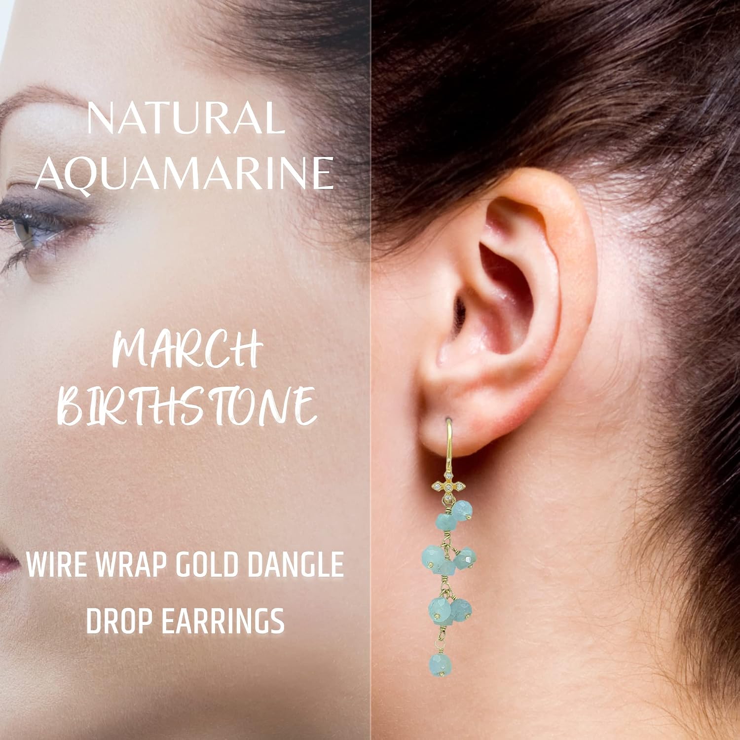 Aquamarine Earrings for Women in Wire Wrapped Dangle Shape - 18K Gold Vermeil, Certified 925 Sterling Silver Earring - Hypoallergenic Gold Jewelry for Women, Mothers Day Gifts