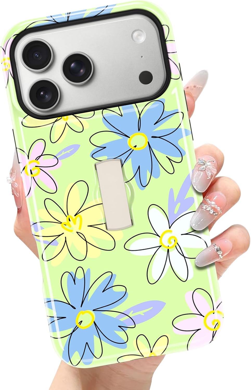 Magnetic Floral Case for Samsung Galaxy S25 with Finger Strap, Compatible with MagSafe, Cute Flower Pattern for Women Girls, Adjustable Kickstand Full Camera Protection Cover, White