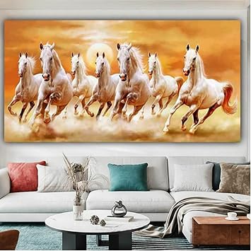 Innovision Arts seven white running horses paintings frame for living room (with wooden framing, 24 by 12 inches)