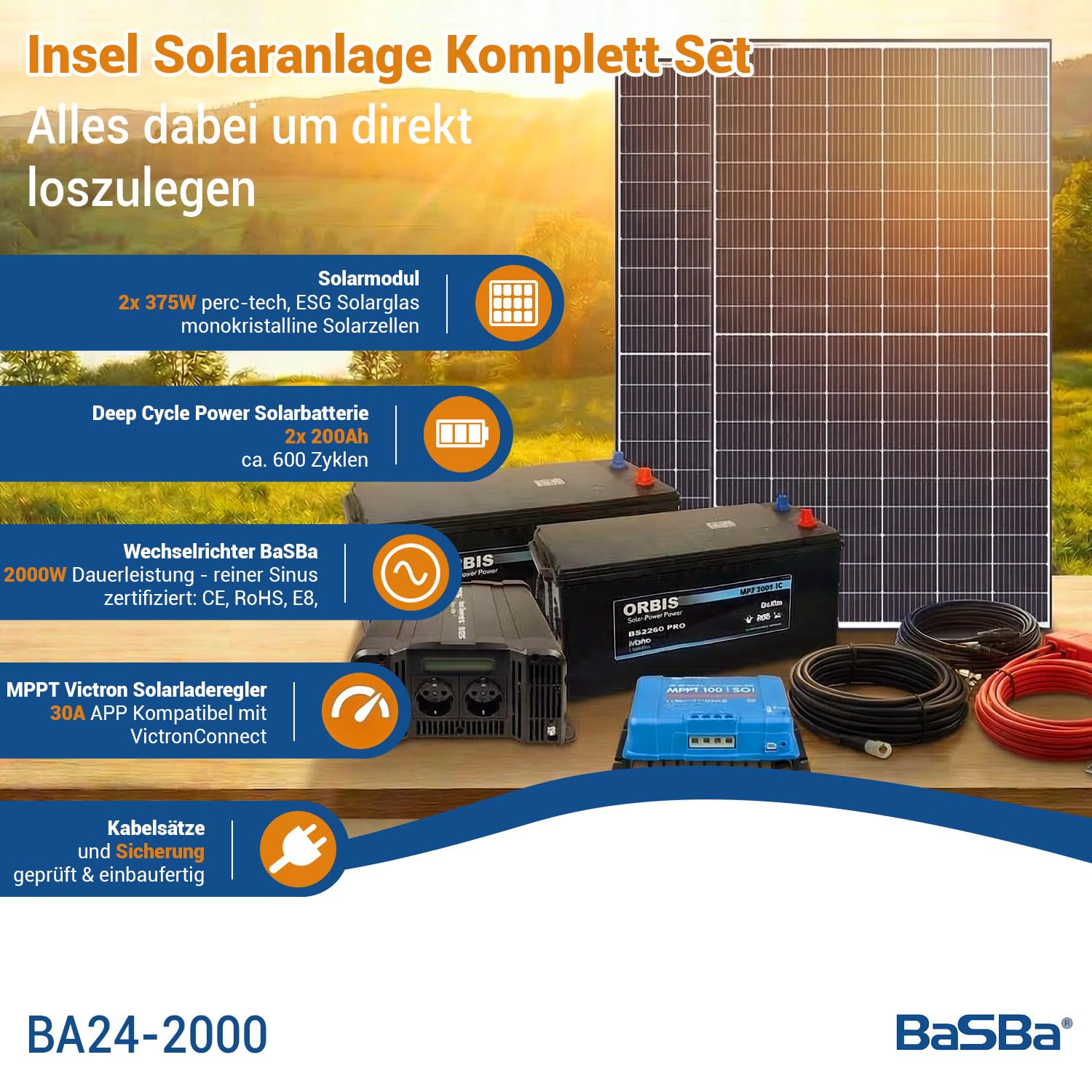 Insel-Solaranlage 750 W PV 2×200 Ah Batterie 2000 W Sinus-Wechselrichter MPPT Laderegler Plug & Play autark Solarstrom für Garten Tiny House Wohnmobil | BaSBa BA24-2000