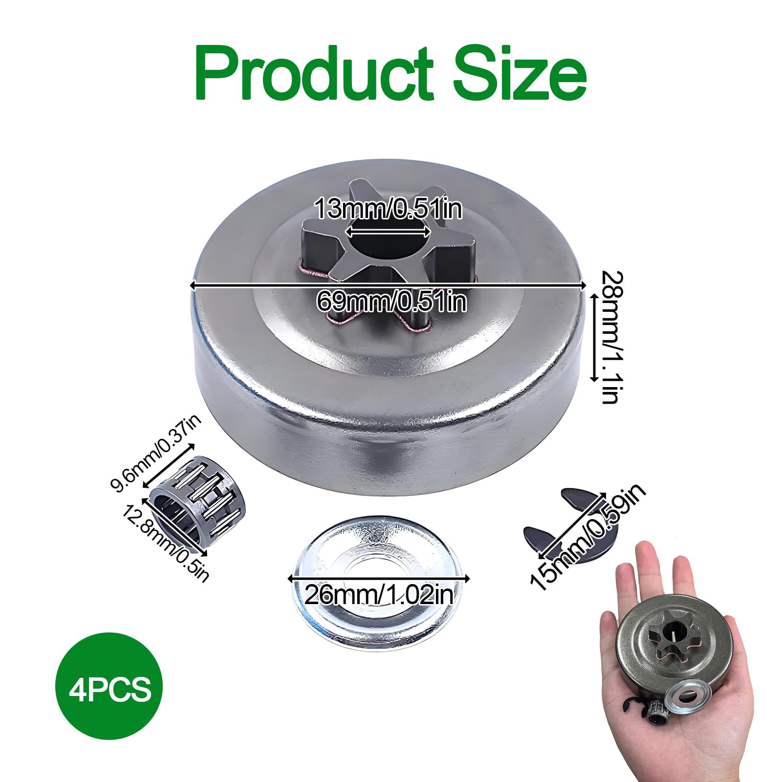 3/8" 6 Zähne Kettenrad für Stihl Motorsägen Modelle 017, 018, 021, 023, 025, MS170, MS180, MS210, MS230, MS250 - Inklusive Kupplung, Nadellager, Scheibe und Sprengring, Ersetzt Teil 1123 640 2005