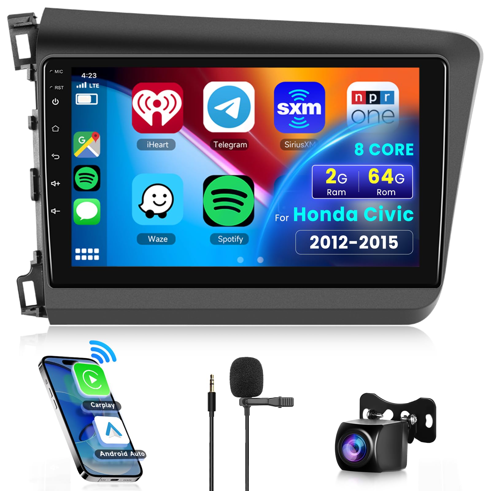 podofo 8 CORE 2G+64G Car Radio for Honda Civic 2012-2015 with Wireless Apple CarPlay/Android Auto, 9” 1280 * 720P IPS Touch Screen Stereo Android 13 GPS WiFi Bluetooth DSP SWC + HD Backup Camera
