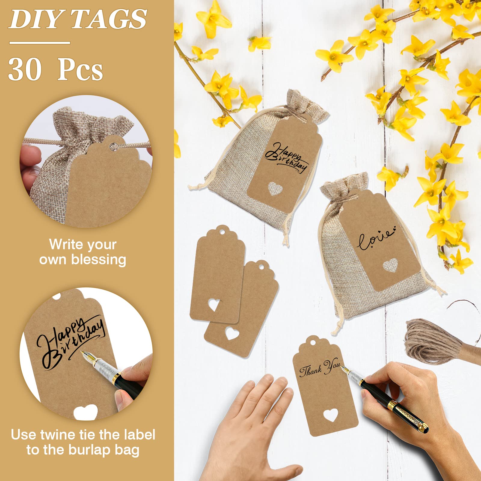 30 Sacchetti Di Lino Con Coulisse - 14x10cm, Con Etichette E Corda, Per Regali E Matrimoni - Foto 11