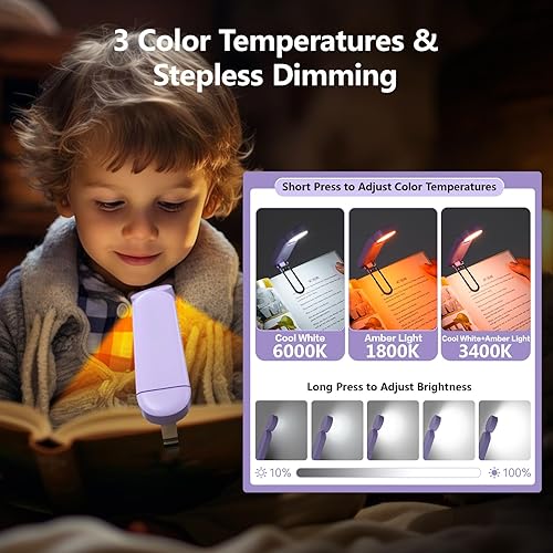 Miniatura 4 de VAVOFO Luz de libro recargable por USB, bloqueo de luz azul, luz ámbar con clip en forma de marcapáginas, luz de lectura en forma de marcapáginas, 6