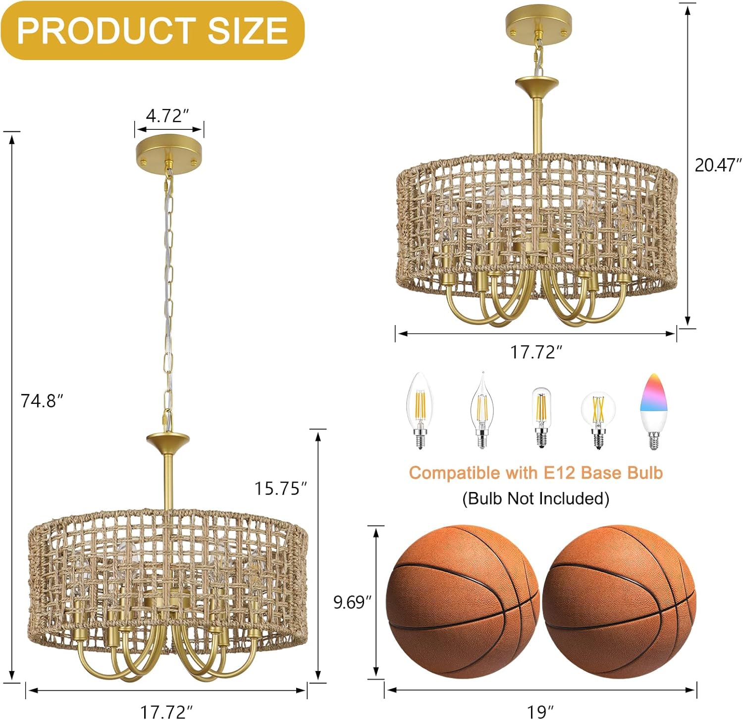 LynPon 17.7" Gold Rattan Chandelier Light Fixture, 6 Lights Boho Rattan Light Fixture with Hand Woven Wicker Shade, Farmhouse Vintage Chandelier for Dining Room Living Room Kitchen Bedroom Entryway