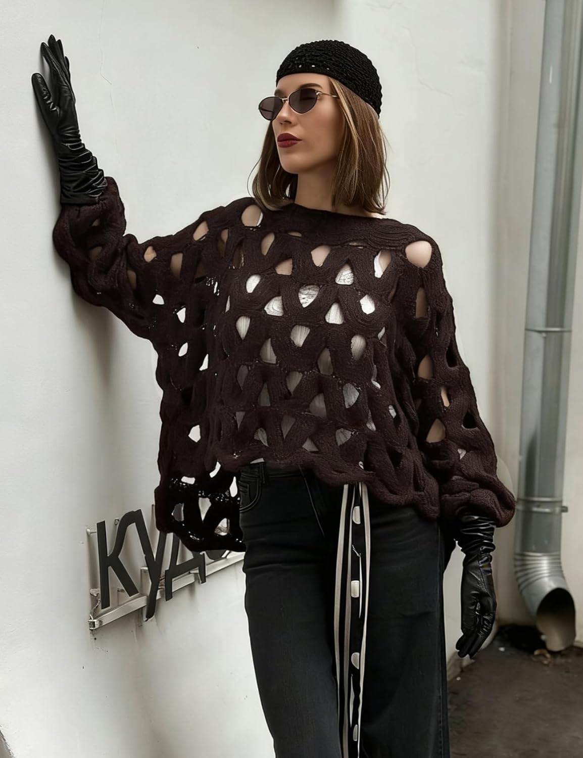 Yimoon Women's Crochet Sweater Hollow Out Sweaters Oversized Pullover Long Sleeve Crew Neck Crochet Chunky Knitted Sweater - Image 2