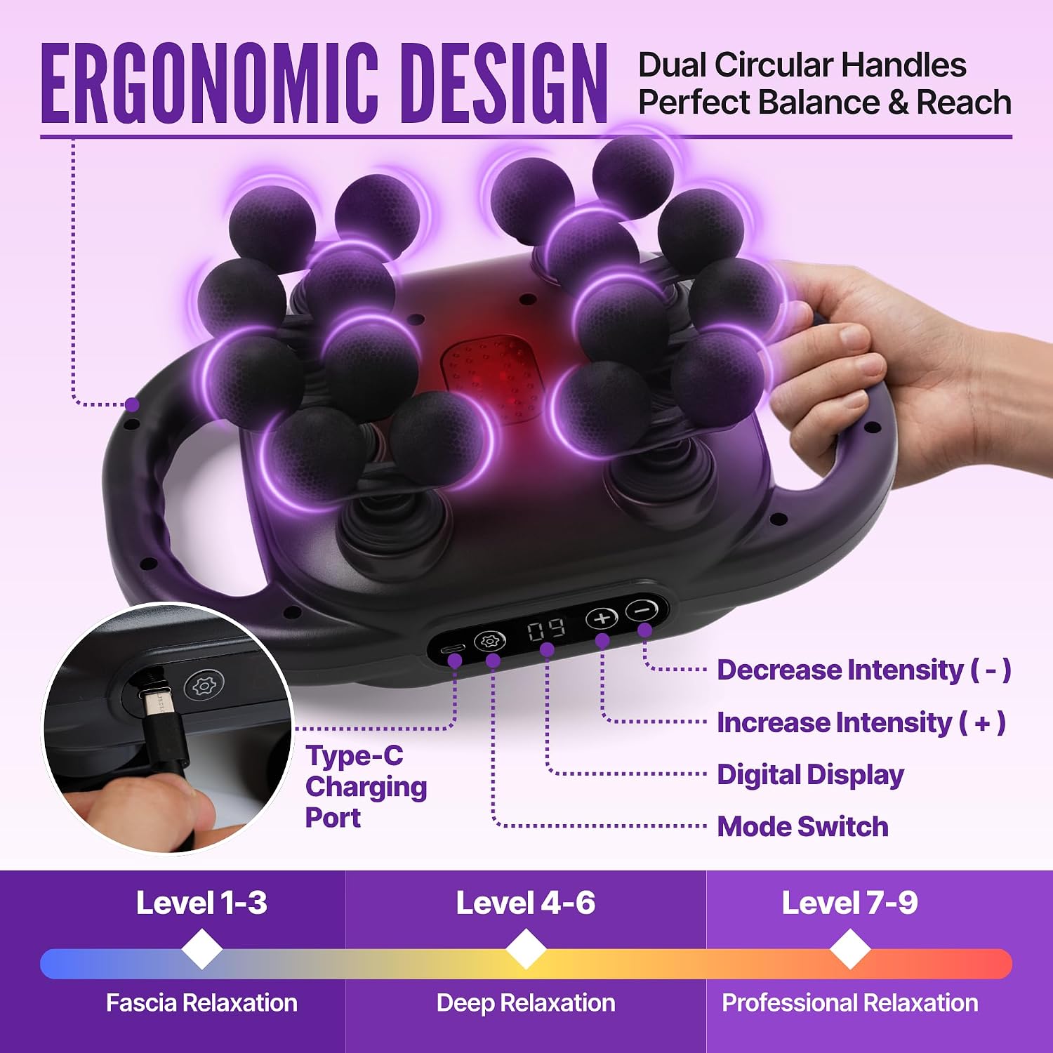Dr. Sheen 16 Head Percussion Massage Gun Deep Tissue with 2600mAh Battery, 16 Heads, 9 Modes, 9 Intensities & Red Light Heat Therapy for Back, Neck, Shoulders & Muscle Recovery