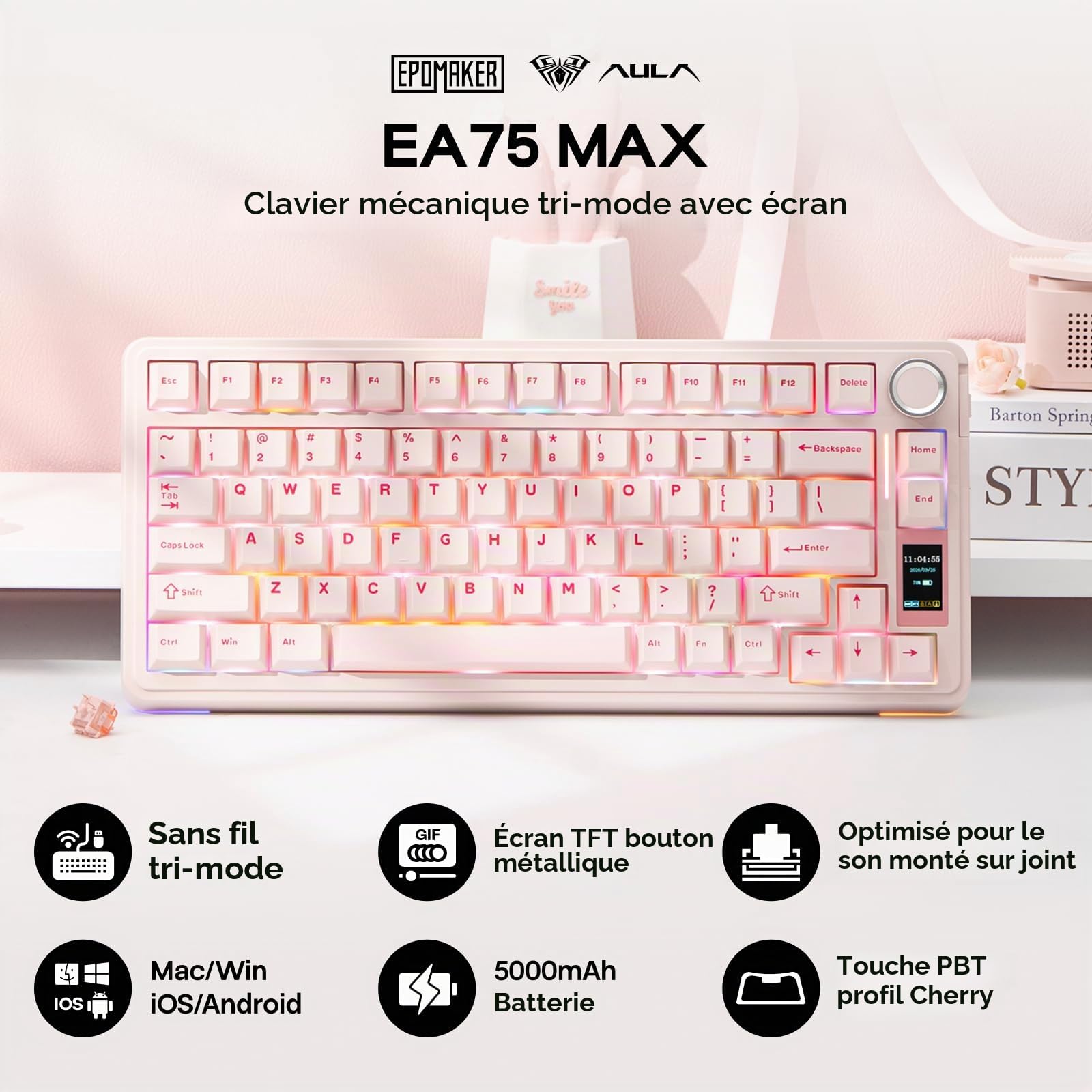 EPOMAKER X Aula EA75 Max Clavier Gaming sans Fil avec Écran & Molette