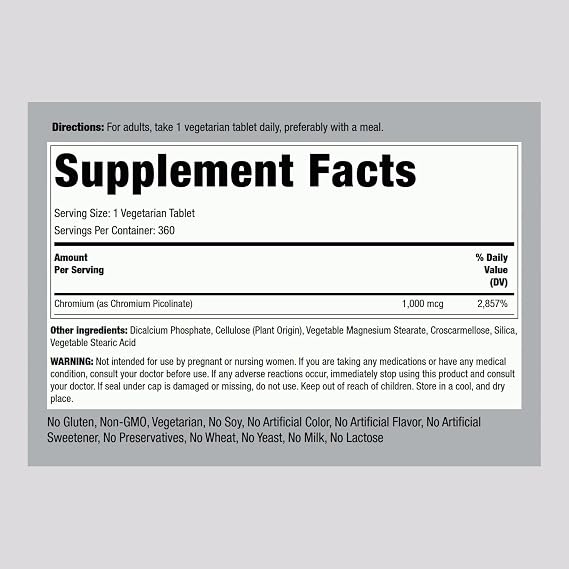 Piping Rock Chromium Picolinate 1000mcg | 360 Tablet Pills | Vegetarian, Non-GMO, Gluten Free Supplement