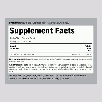 Piping Rock Chromium Picolinate 1000mcg | 360 Tablet Pills | Vegetarian, Non-GMO, Gluten Free Supplement