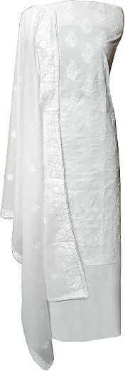 DEEPRIYA Women's Pure Cotton White Unstitched Chikankari Embroidered Suit With Dupatta & Plain Bottom - 100% Dyeable Fabric