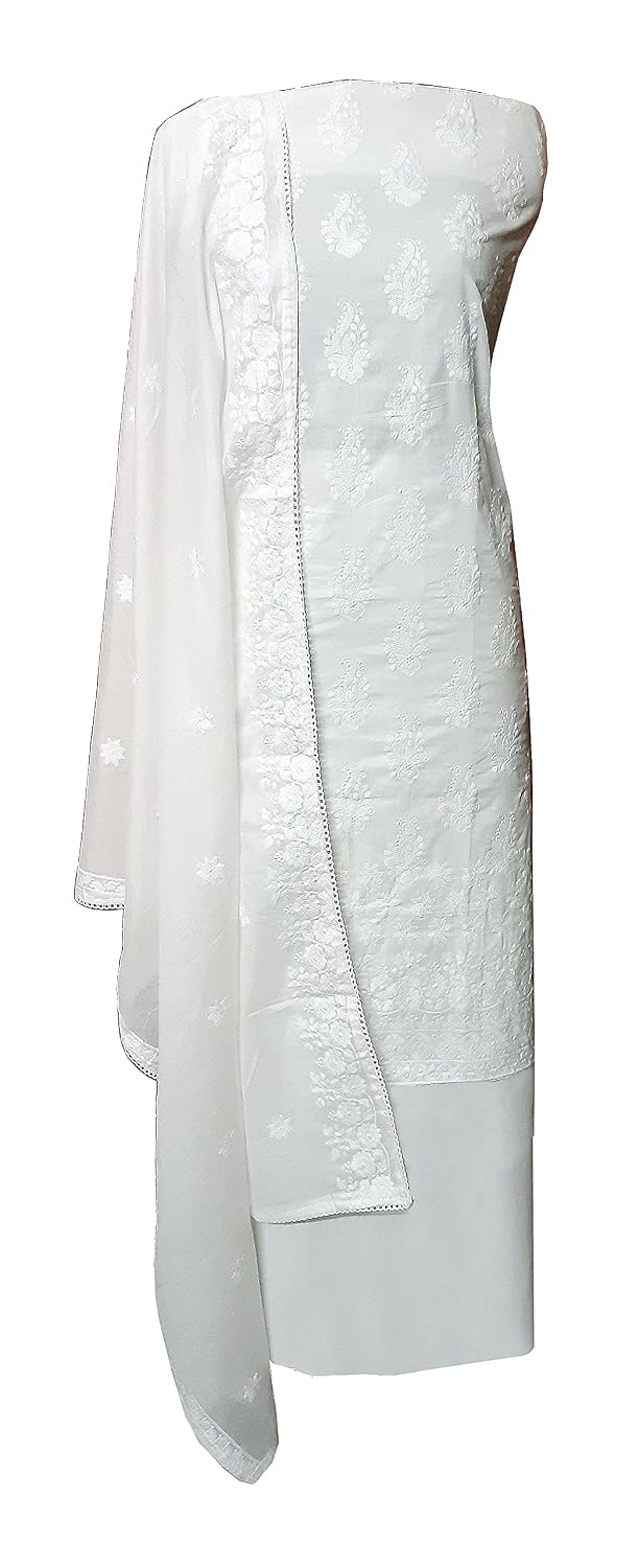 DEEPRIYA Women's Pure Cotton White Unstitched Chikankari Embroidered Suit With Dupatta & Plain Bottom - 100% Dyeable Fabric