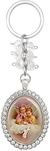 Miniatura 5 de 12 llaveros ovalados con diamantes de imitación de ángel bebé y Nuestra Señora de Guadalupe, recuerdos de fiesta de la primera comunión (Baby Angel