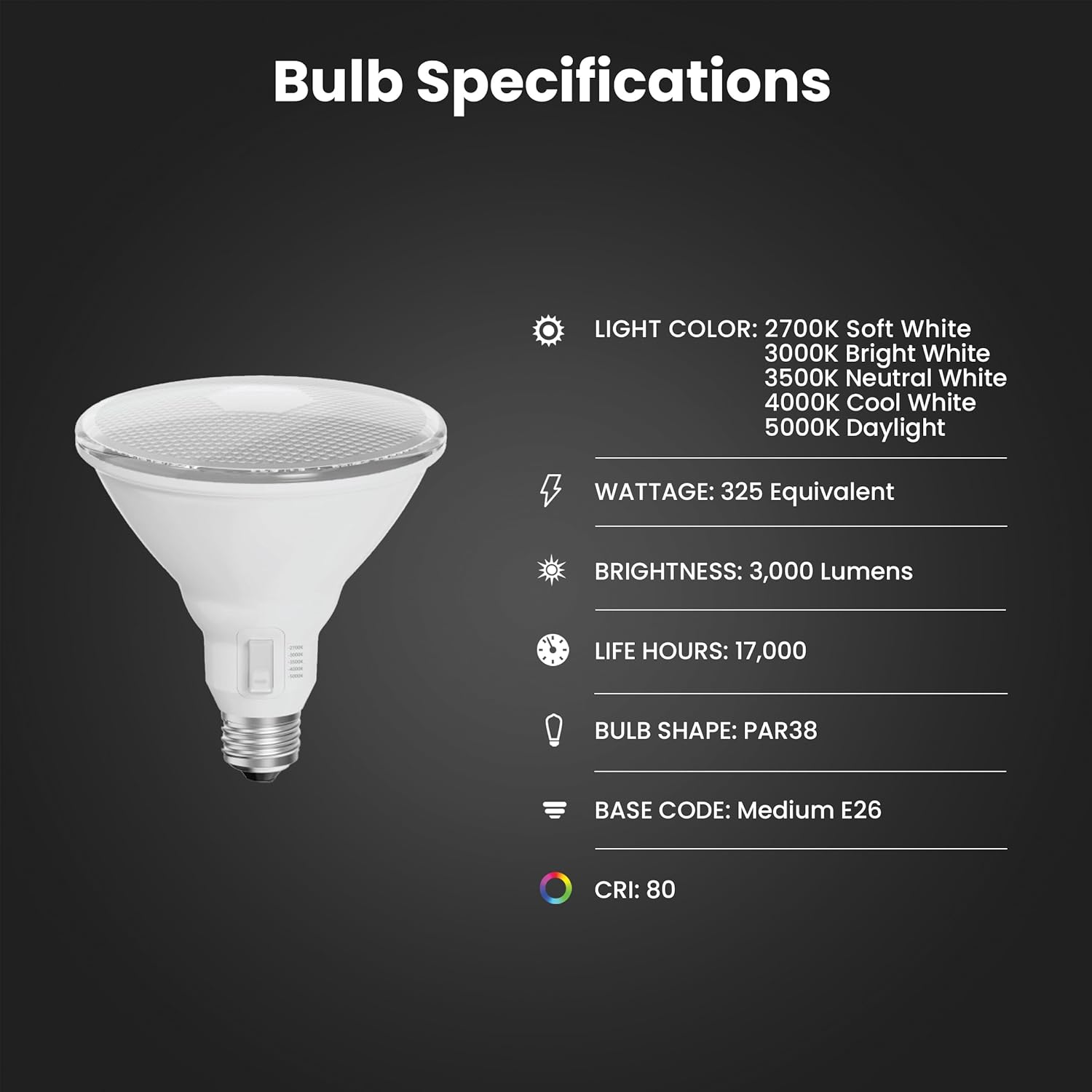 Feit Electric PAR38 LED Reflector Light Bulb, 325W Equivalent, 5 Color Temperatures (Soft to Daylight), Dimmable, 3000 Lumens, Outdoor/Indoor Bulb for Security & Accent Lighting, PAR38325DM5CCT
