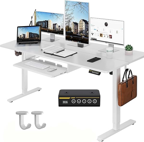 Gamork Electric Standing Desk with Keyboard Tray,55x24 inches Adjustable Height Stand Up Desk,3 Preset Heights,Equipped with Hooks,Raising Desks for Home Office and Computer Workstation,White