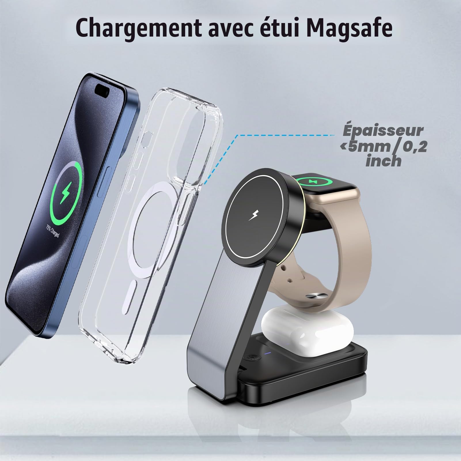 Chargeur Induction iphone, Magnétique Chargeur 3 en 1 Apple for mag-Safe iphone 15 16 14 13 Pro Max, Chargeur sans Fil for iwatch 9 Ultra 8, Wireless Charger for Airpods Pro 3/2 with Light