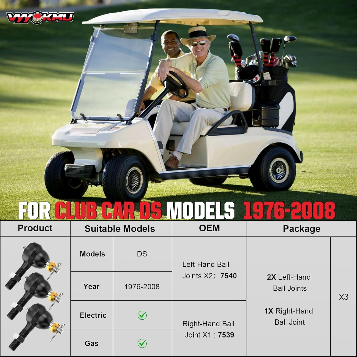 Ball Joint Kit, 3PCS Golf Cart Tie Rod Ends with Grease Fitting fit for Club Car DS 1976-2008 Gas & Electric, 2*Left-Hand OEM# 7540, 1*Right-Hand OEM# 7539, Tie Rod End for Golf Cart Club Car