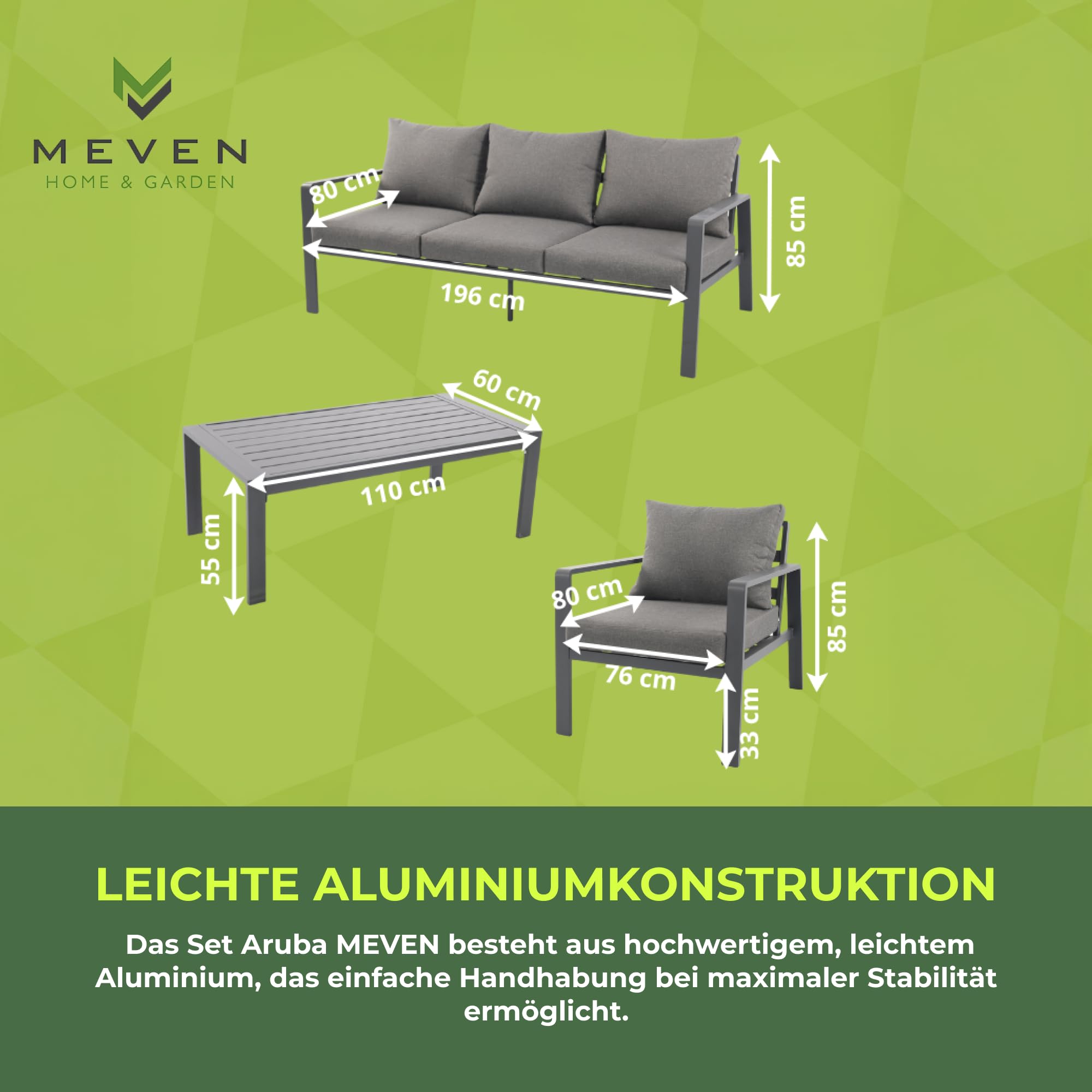 MEVEN Aluminium Gartenmöbel Set Aruba für Garten und Terrasse - leichte Lounge Möbel mit 10cm Kissen - Terrassenmöbel Set mit Sofa und Tisch - Balkonmöbel Set - Terassenmöbel Set