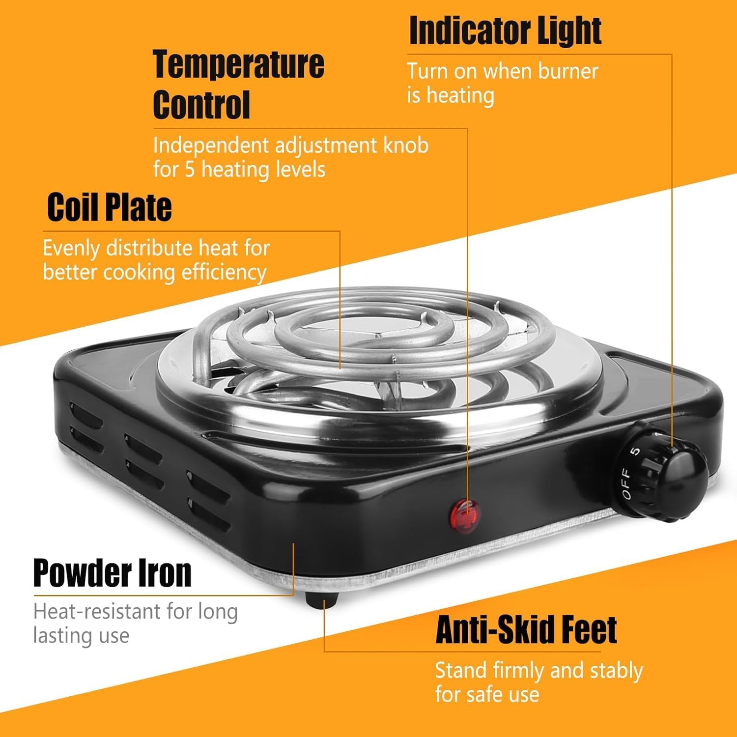 Hot Plate, 1500W Electric Stove with Single Cast Iron Burner – 5 Adjustable Temperature Levels & Knob Control, Portable Countertop Cooktop for Home, RV, and Camping (Black)