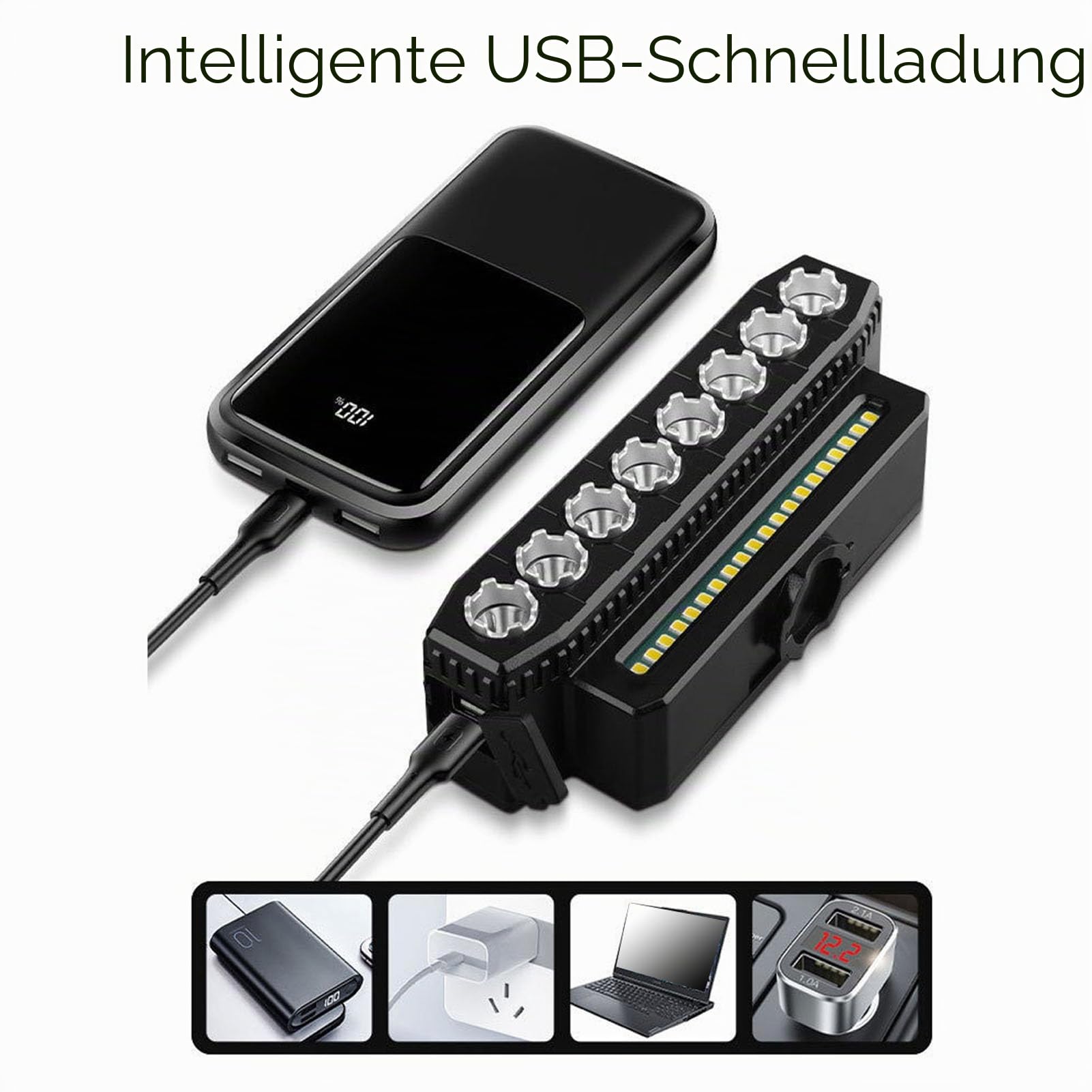 Alomejor Fahrradlicht, 8 LEDs, Wiederaufladbarer USB-Scheinwerfer mit Hupe, 6 Modi, Powerbank-Funktion, IP44 Wasserdicht, für die Sicherheit von Mountainbike- und Off-Road-Fahrrädern