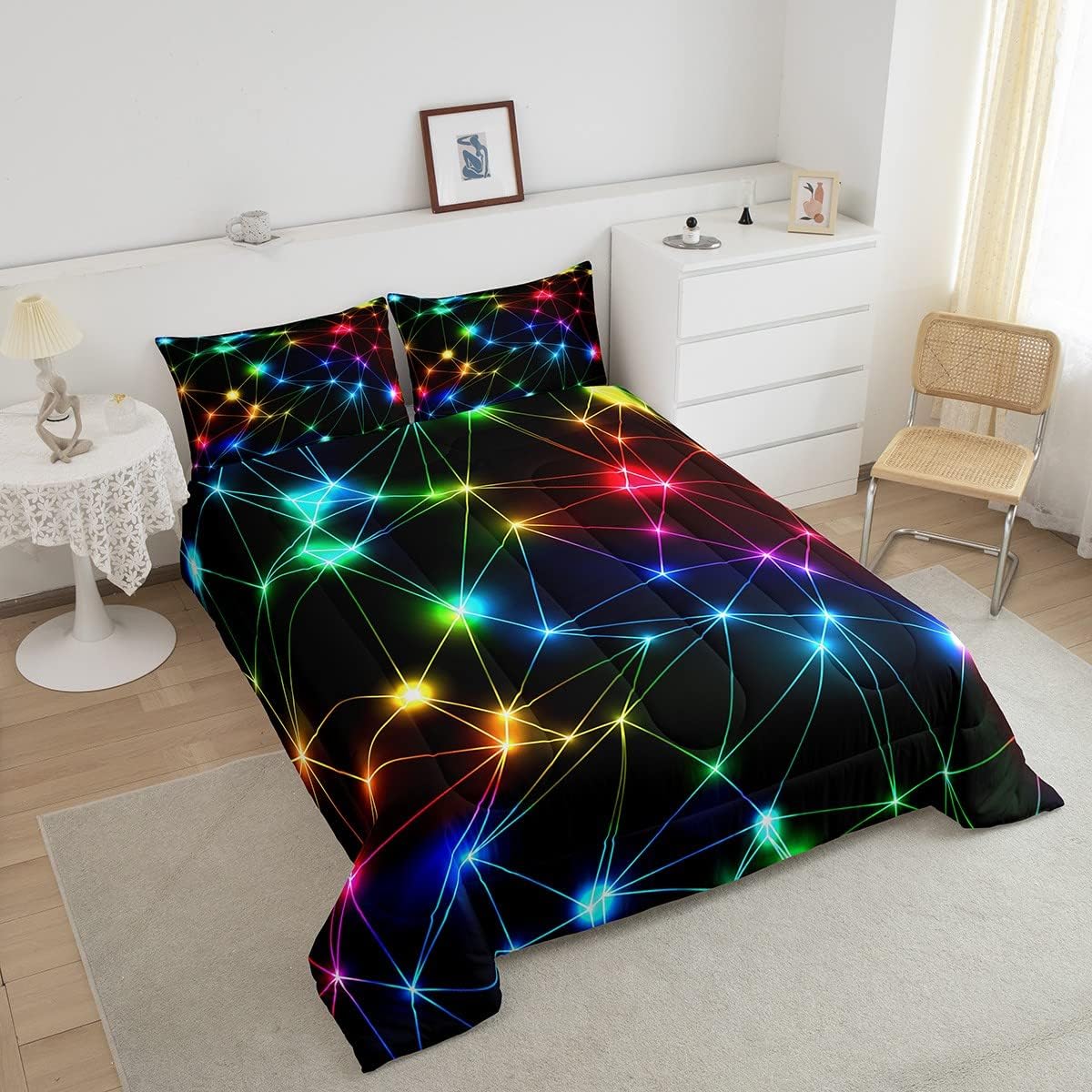 Manfei Rainbow Neon Lights Comforter Set for Kids,Colorful Glowing Crossed Stripes (Not Glowing) Bedding Set Teens Boys Room Decor,Geometric Modern Comforter with 1 Pillowcase for All Seasons,Twin