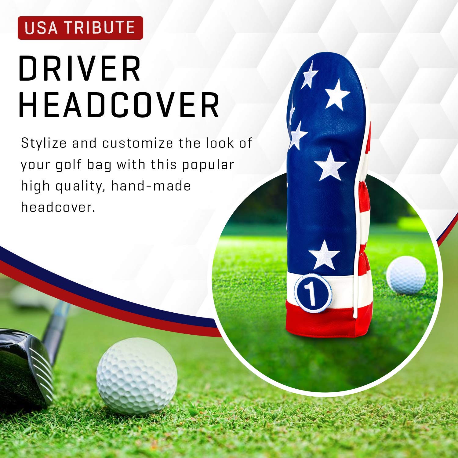 Pins & Aces USA Driver Wood Head Cover - Premium, Hand-Made Leather 1W Headcover - American Pride Styled, Tour Quality Golf Club Cover - Style and Customize Your Golf Bag