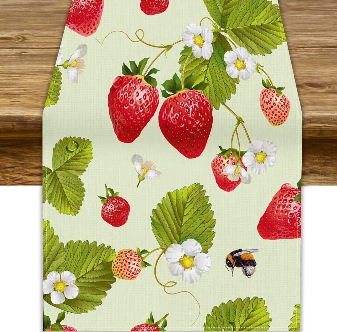 Janjcurt Fruit-1 Strawberry Table Runner, Spring Summer Big Strawberries Fresh Fruits Plant Rustic Farmhouse Flower Bee Print Table Runner For Home Party Dining Kitchen Table Wedding, 13X70in