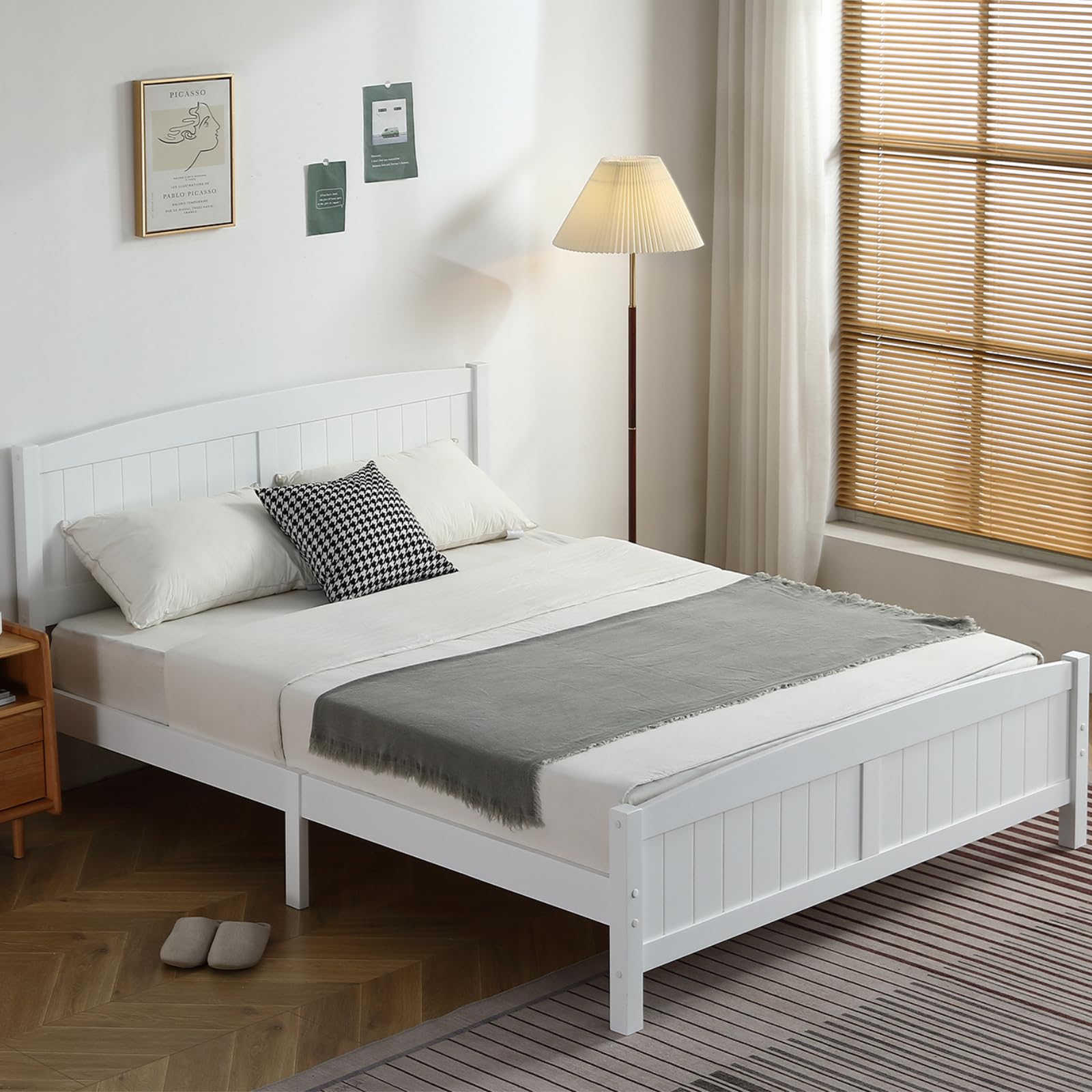 Karl home Wood Bedframe Queen Bed Frame with Headboard Bedroom Platform Bed with Footboard, 12 Wood Slat Support, No Box Spring Needed, White