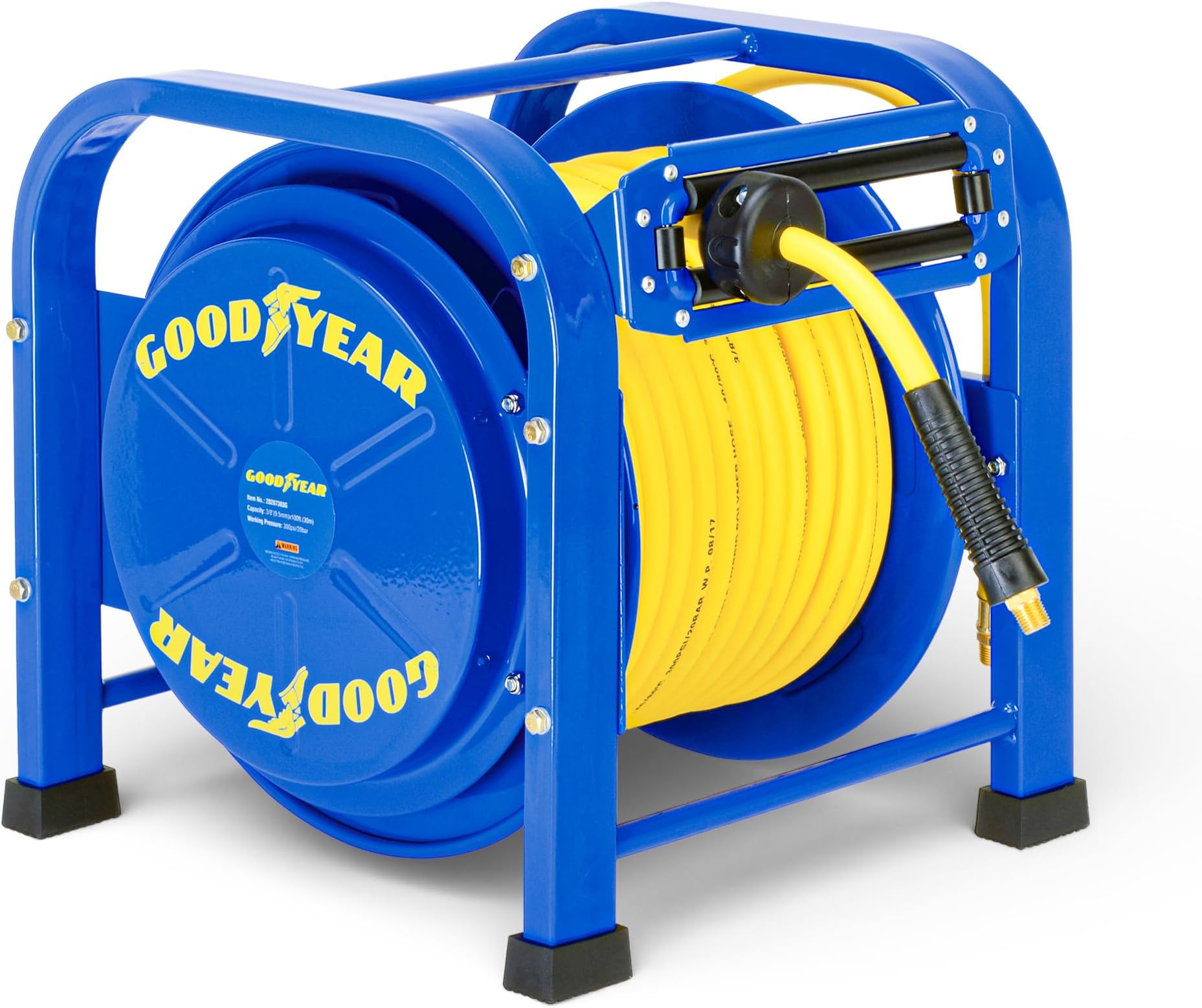 Goodyear Retractable Air Hose Reel, 3/8" x 100 Feet, 300 PSI, Spring-Driven Steel, Heavy Duty Industrial, Flex Hybrid Polymer Hose, Portable and Durable