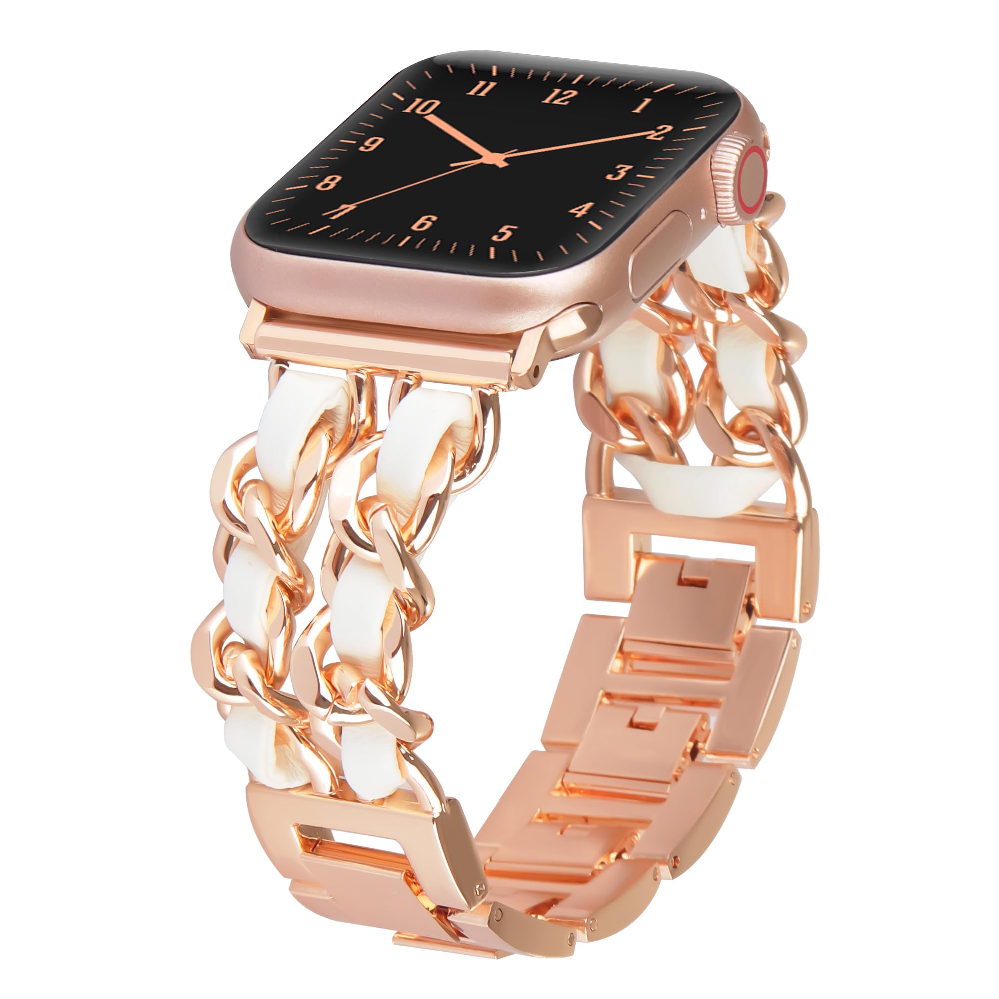 LOFOV Compatible With Apple Watch Band for Woman 38mm 40mm 41mm, Metal Strap Leather Over Gold Chain Cowboy Style Replacement iWatch Series 9 8 7 6 5