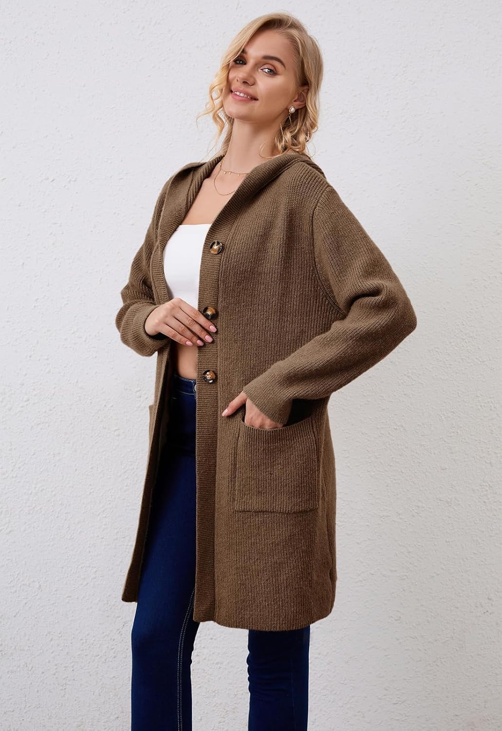 Alaster Queen Women's Hooded Fall Cardigan Long Sweater Open Front Button Down Knit Winter Cardigan Coats with Pockets - Image 3