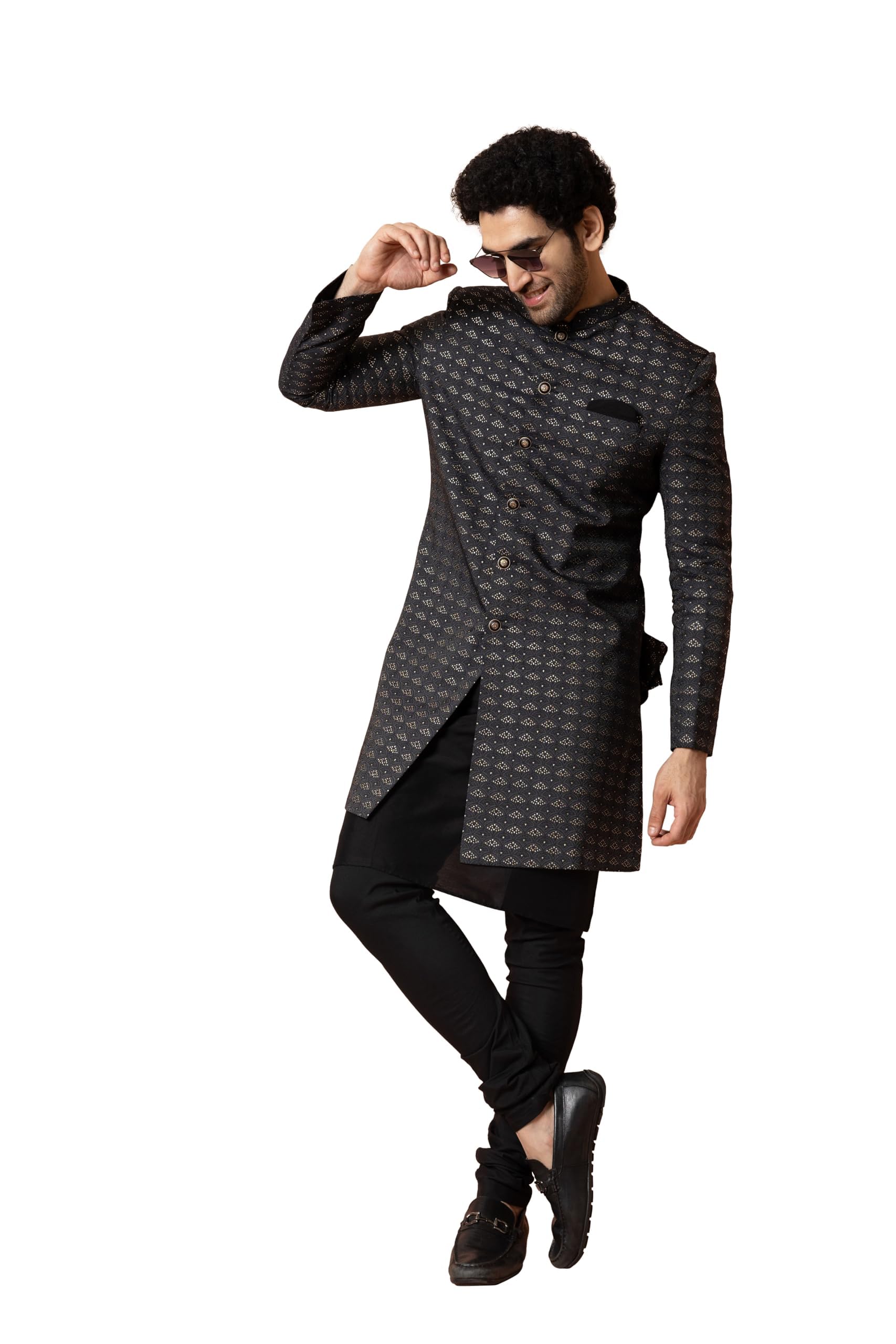 Men's Kurta Sherwani Churidar Set Indo-Western, Black Jacquard, Woven Design Long Sleeves Regular Fit Mandarin Collar