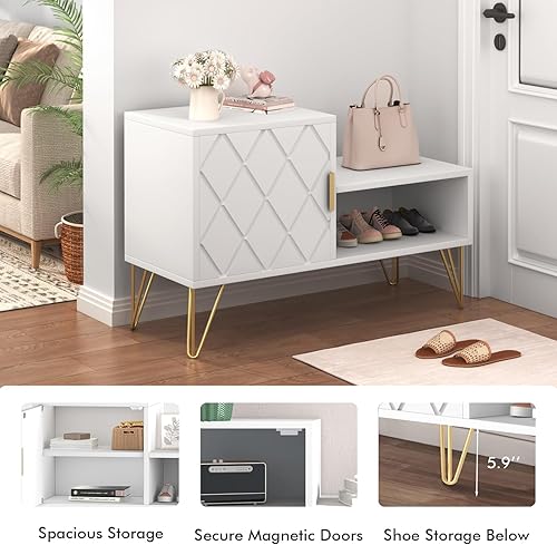 Miniatura 6 de yoyomax Banco de almacenamiento con 2 compartimentos y estante ajustable, soporta hasta 350 libras zapatero para entradapasillo (30 pulgadas, blanco)