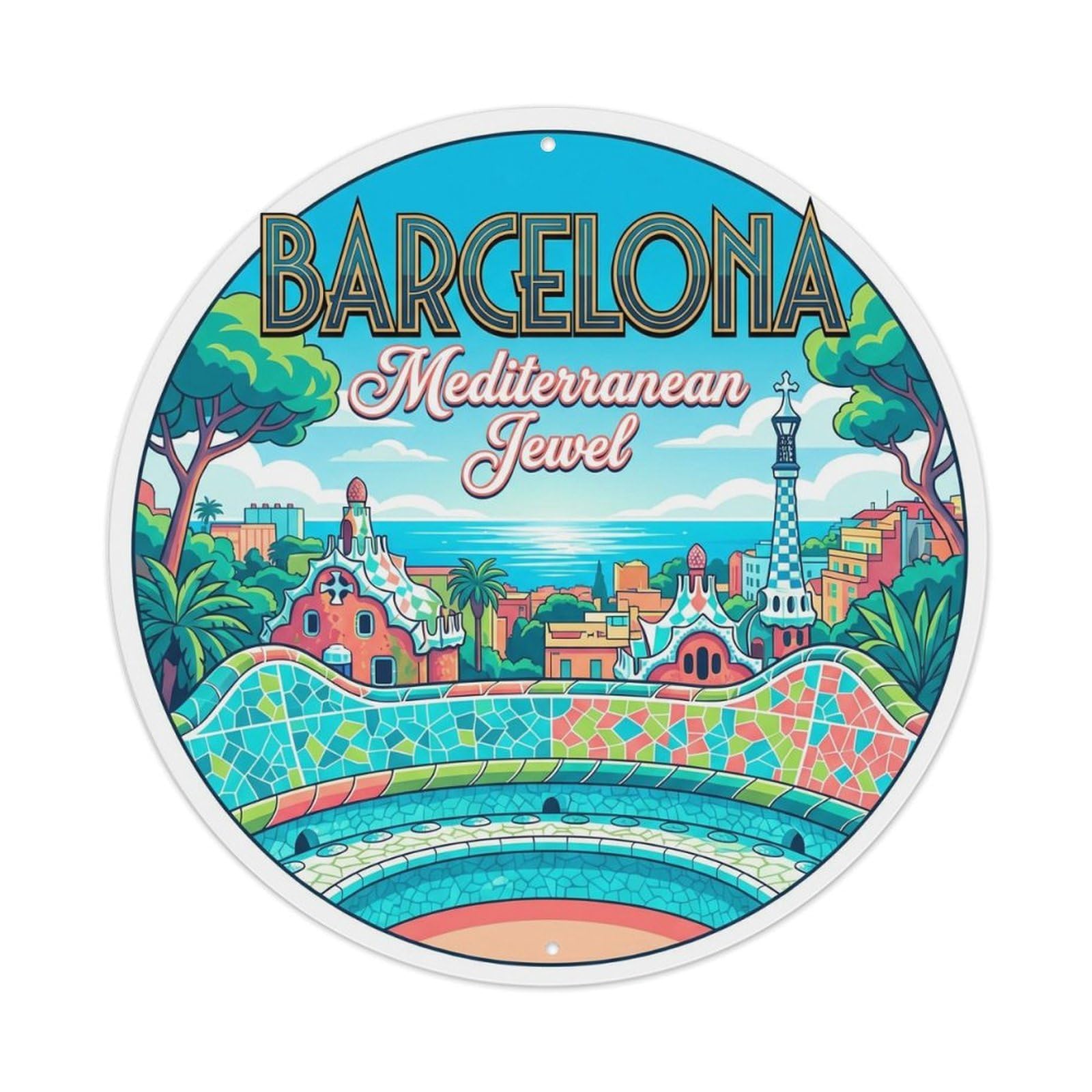 Vintage Travel Catalan Coast Spain Metal Tin Sign Plaque Wall Decor for Cafe, Club Bar, Office, Home Garden Round Metal Poster 8x8Inch