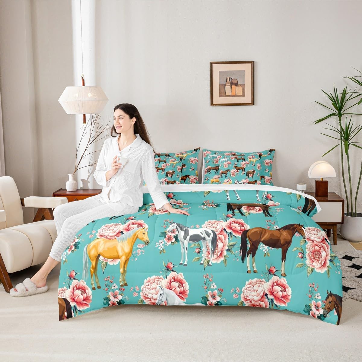 Erosebridal Kids Horse Twin Comforter Set 7 Pieces, Chic Retro Floral Bed in A Bag, Galloping Horse Printed Bedding Set with Comforters, Sheets, Pillowcases Farm Animal Bedroom Decor