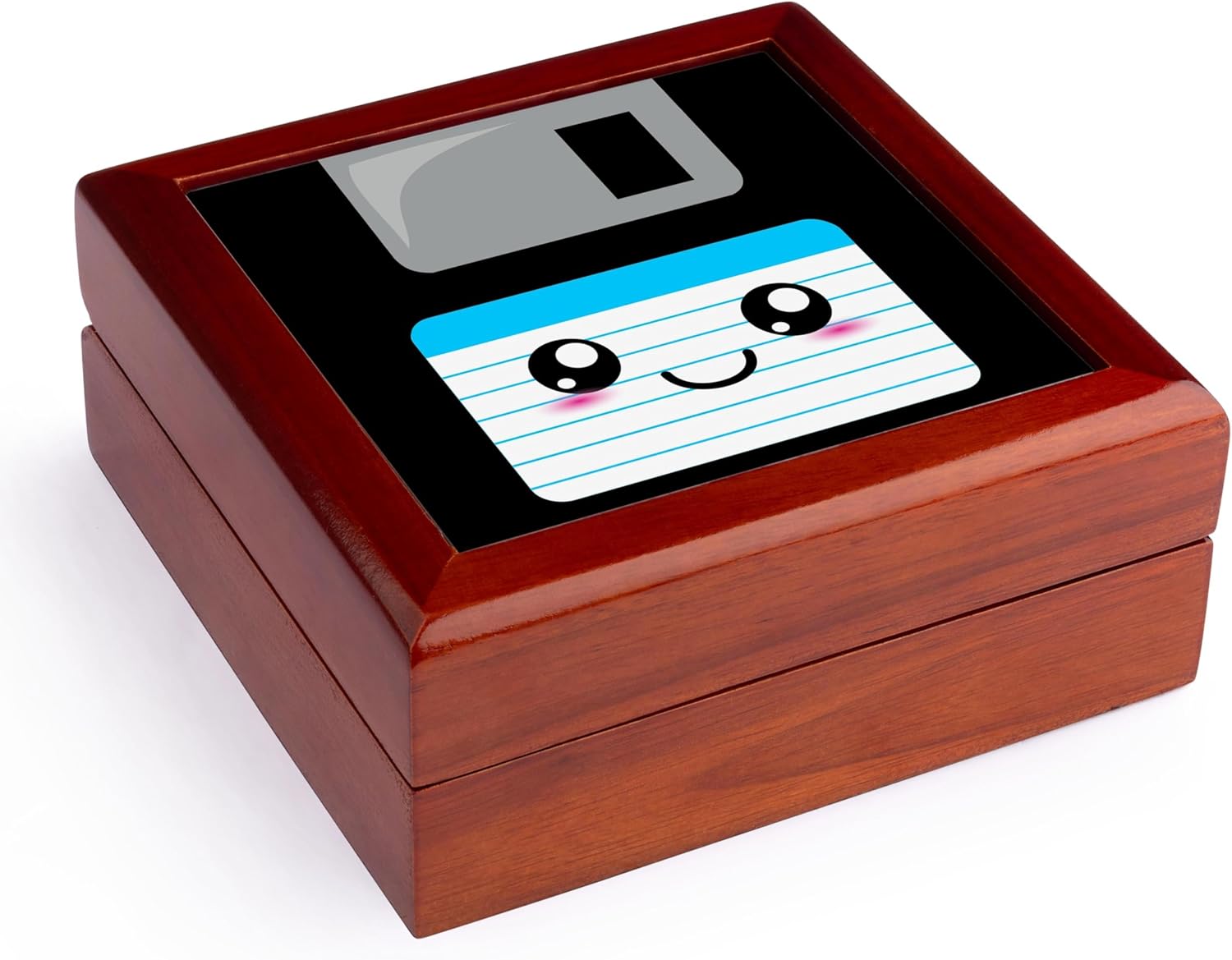 3dRose Kawaii Cute Happy Floppy Disk - Retro Ninties computer disk - Neat Anime cartoon with blue label Jewelry Box 7 x 7 inch with 4 inch tile