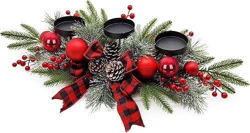 Miniatura 7 de Centros de mesa de Navidad, 27.5 pulgadas, diseñados con adornos de bolas de lazo dorado, bayas doradas artificiales y conos de pino para mesa de