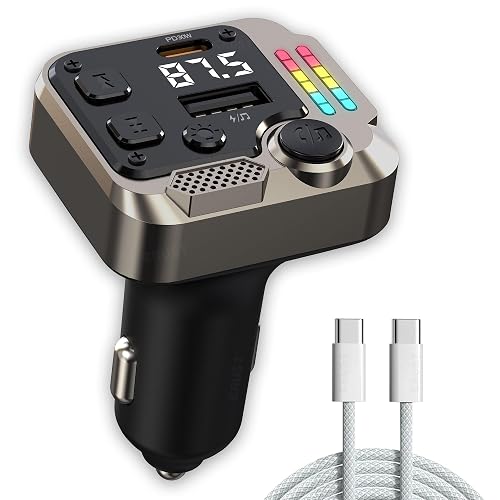 CRUST CS60 Car Bluetooth Receiver Device for Music System, FM Transmitter, Big Mic for Hands-Free Calling, 45W PD/USB Fast Car Charger, BT v5.3, Music-Sync Lights, USB MP3 Playback, Metal Rim Design