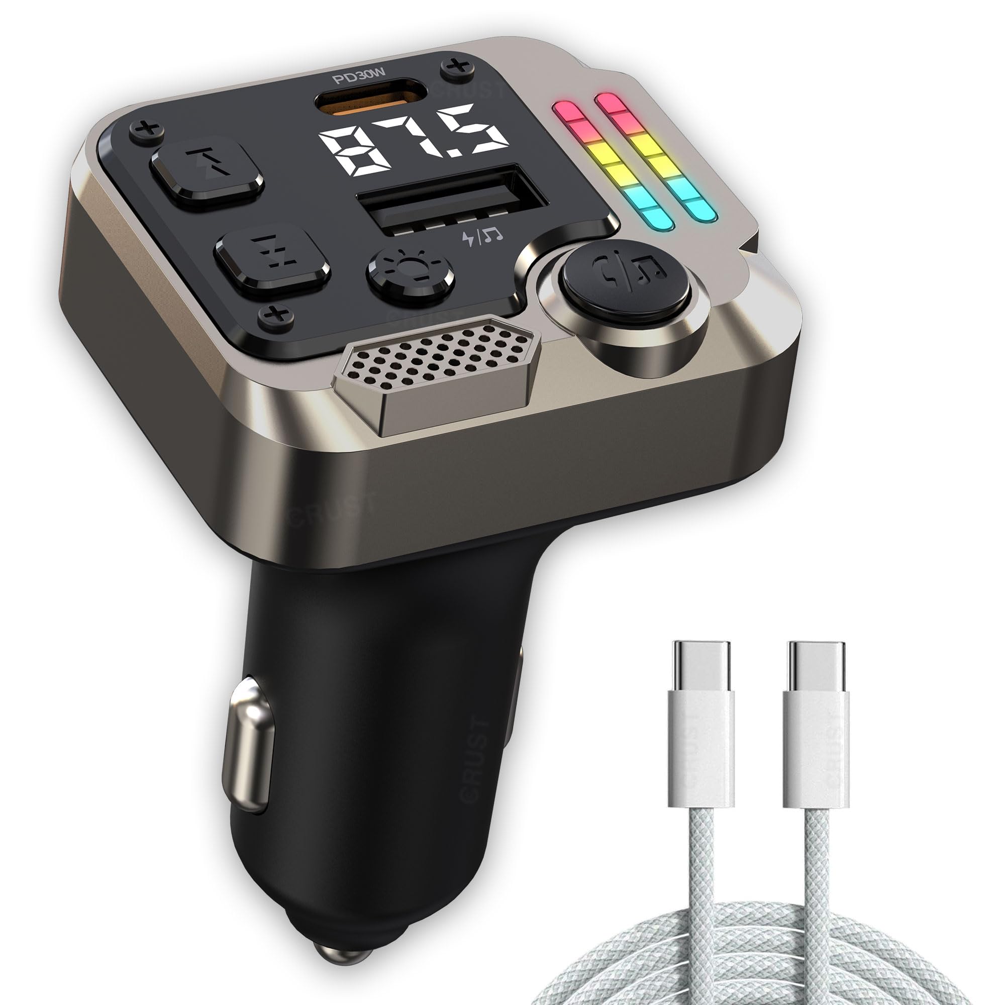 CRUST CS60 Car Bluetooth Receiver Device for Music System, FM Transmitter, Big Mic for Hands-Free Calling, 45W PD/USB Fast Car Charger, BT v5.3, Music-Sync Lights, USB MP3 Playback, Metal Rim Design-image-16
