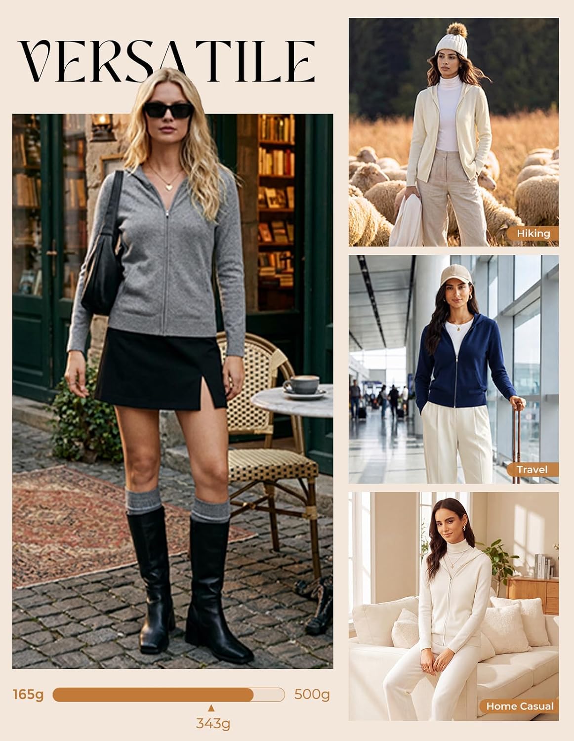 GRACE KARIN Women 100% Merino Wool Cardigan Sweater, Zip Up Hoodie Sweater image 2