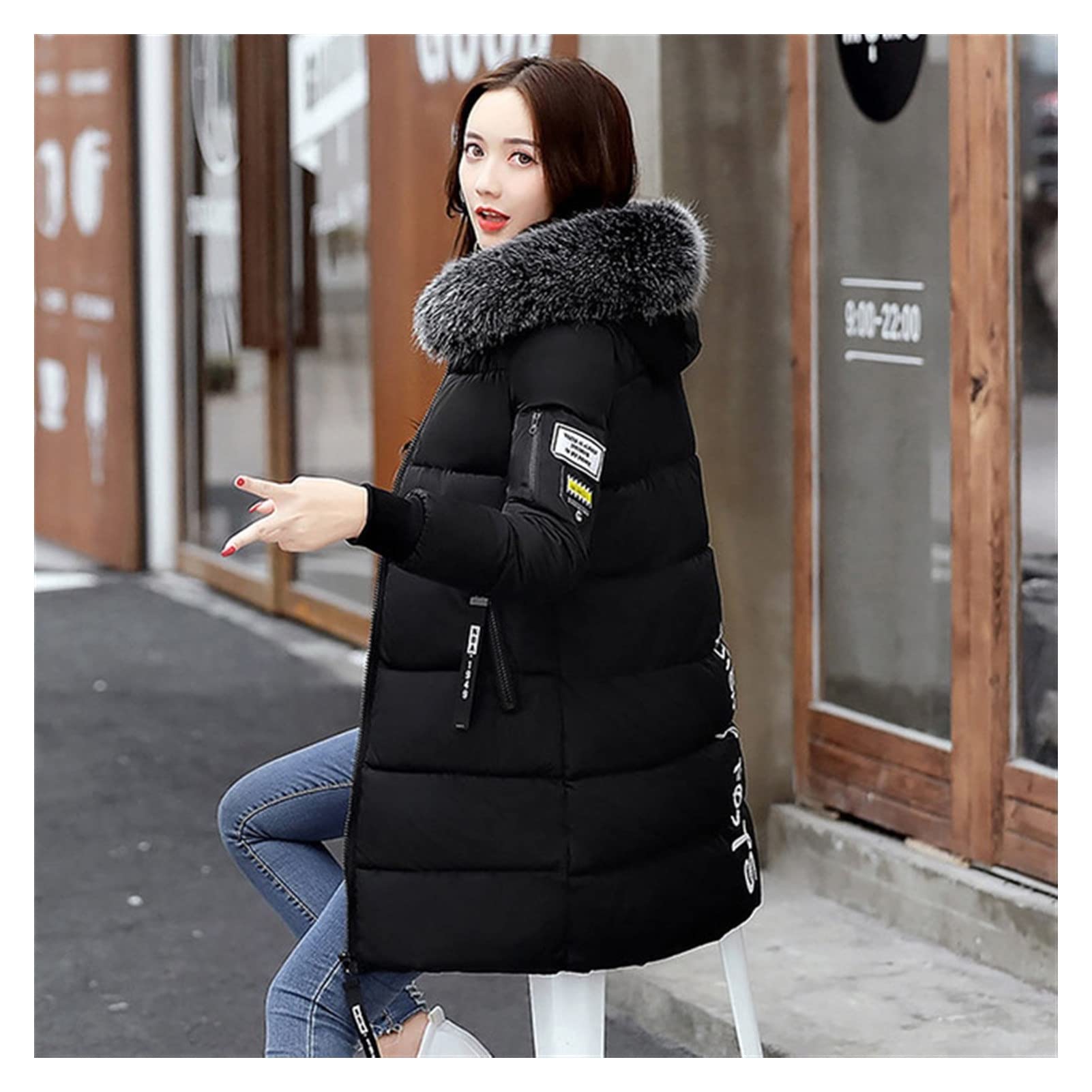 フード付き ブラックロングダウンジャケット