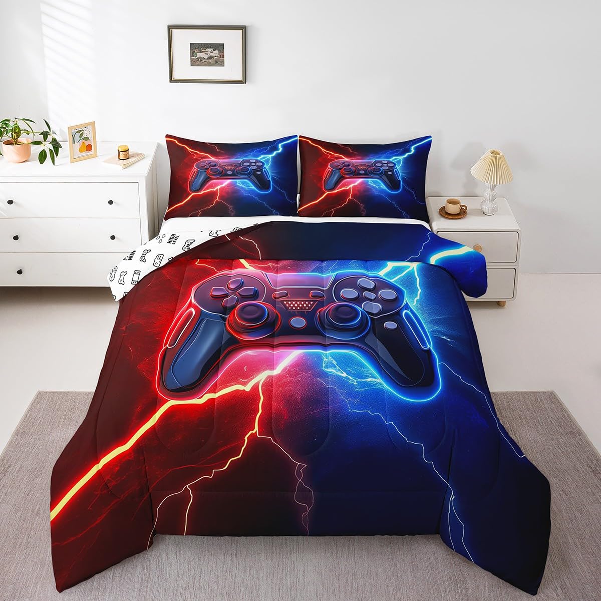 Loussiesd Zestaw kołder dla graczy, dla graczy, dla chłopców, dziewcząt, nastolatków, nowoczesny kontroler konsoli do gier, zestaw pościeli, joystick, dekoracja pokoju, czerwona niebieska kołdra,