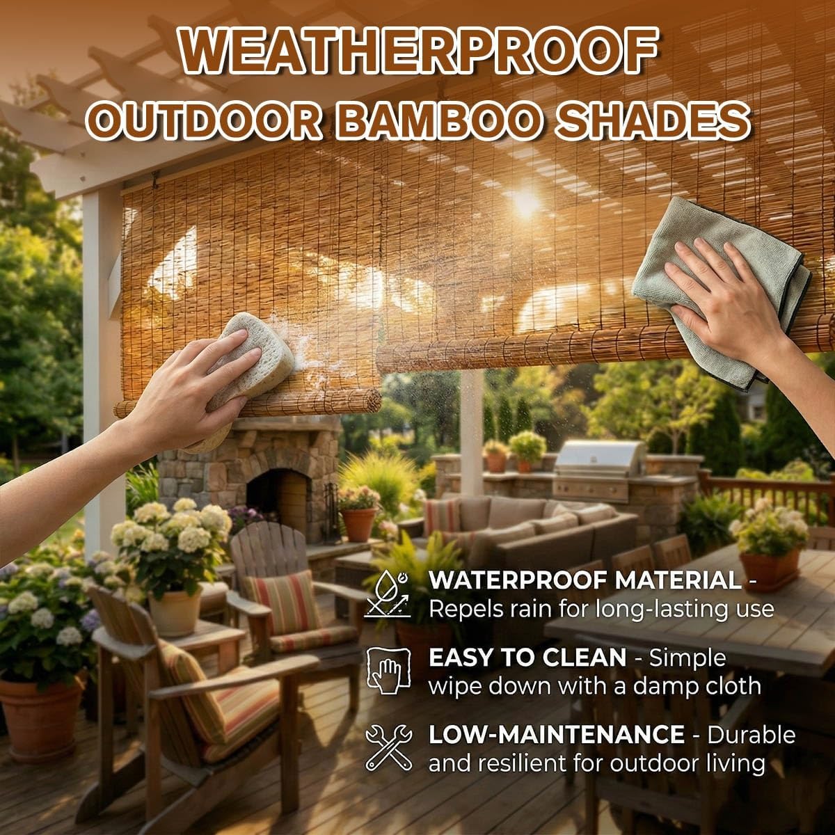 Brown Bamboo Blinds Outdoor Cordless Roller Shades for Patio Shade Porch Privacy Roller Blinds, 36" 48" 52" 60" 72" 84" Bamboo Roman Shades for Indoor Windows Easy Install Roll Up Blinds(48"W x 48"H)