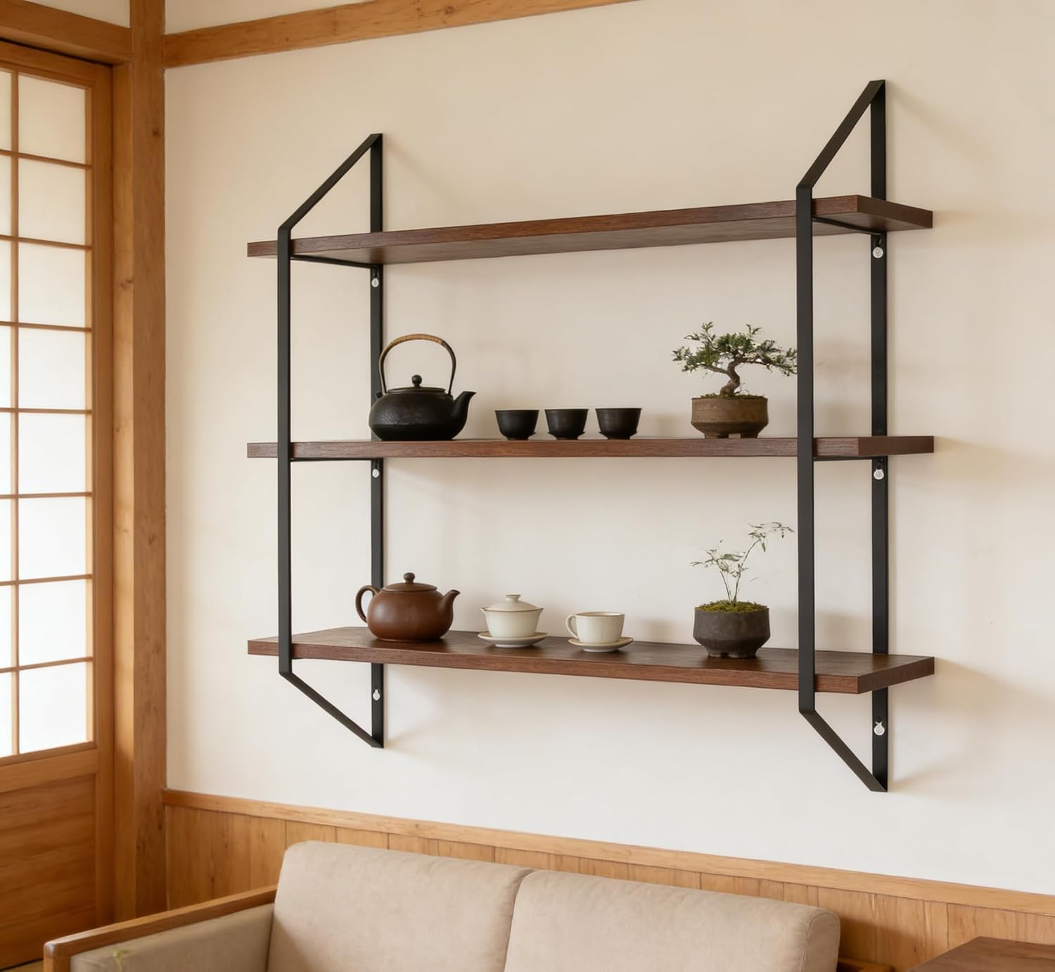 3-Tier 20" W Walnut Board Black Metal Bracket, 20 Inches in Length, 5 Inches in Width, and 23 Inches Modern Wall Shelf for Bathroom Bedroom Living Room Garden