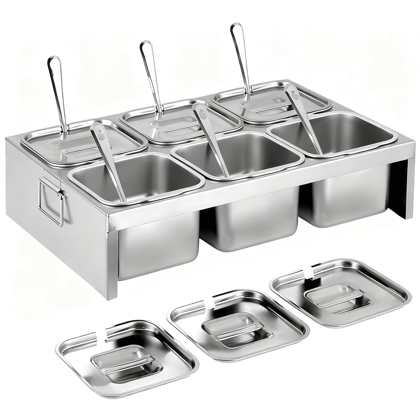 JAOGAUS Contenedor de Ingredientes, 6×2L Recipientes de Acero Inoxidable con Tapas & Cucharas, Bandeja de 6 Compartimentos Estación de Toppings para Pizza, Accesorio de Pizza para Cocina & Hostelería