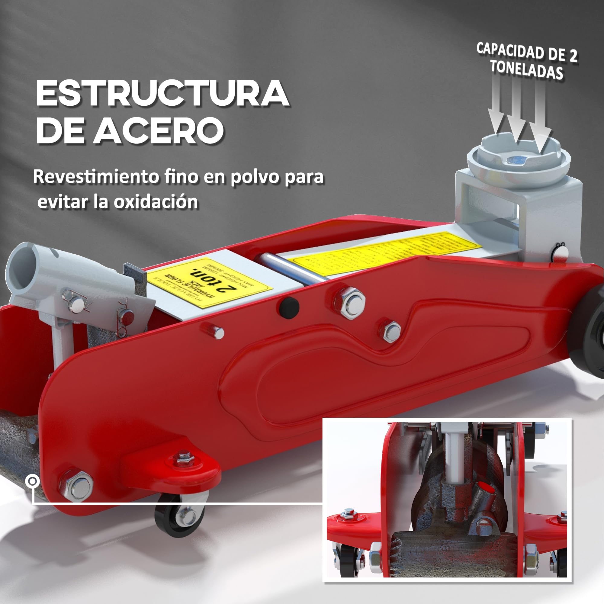 HOMCOM Gato Hidráulico para Coche de 2 Toneladas Gato Hidráulico con Altura Ajustable 120-300mm y 4 Ruedas para Apoyar Coches Automóviles Rojo y Amarillo
