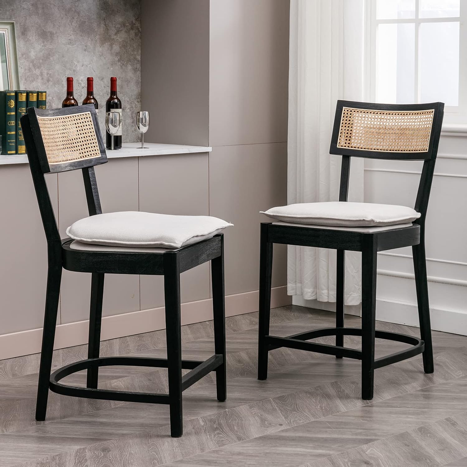 QUNINJAY 26" Counter Height Bar Stools Set of 6, Modern Rattan Counter Stools with Linen Upholstered, Vintage Dining Bar Chairs with Cane Back for Kitchen Counter Island Home Bar, Black Frame