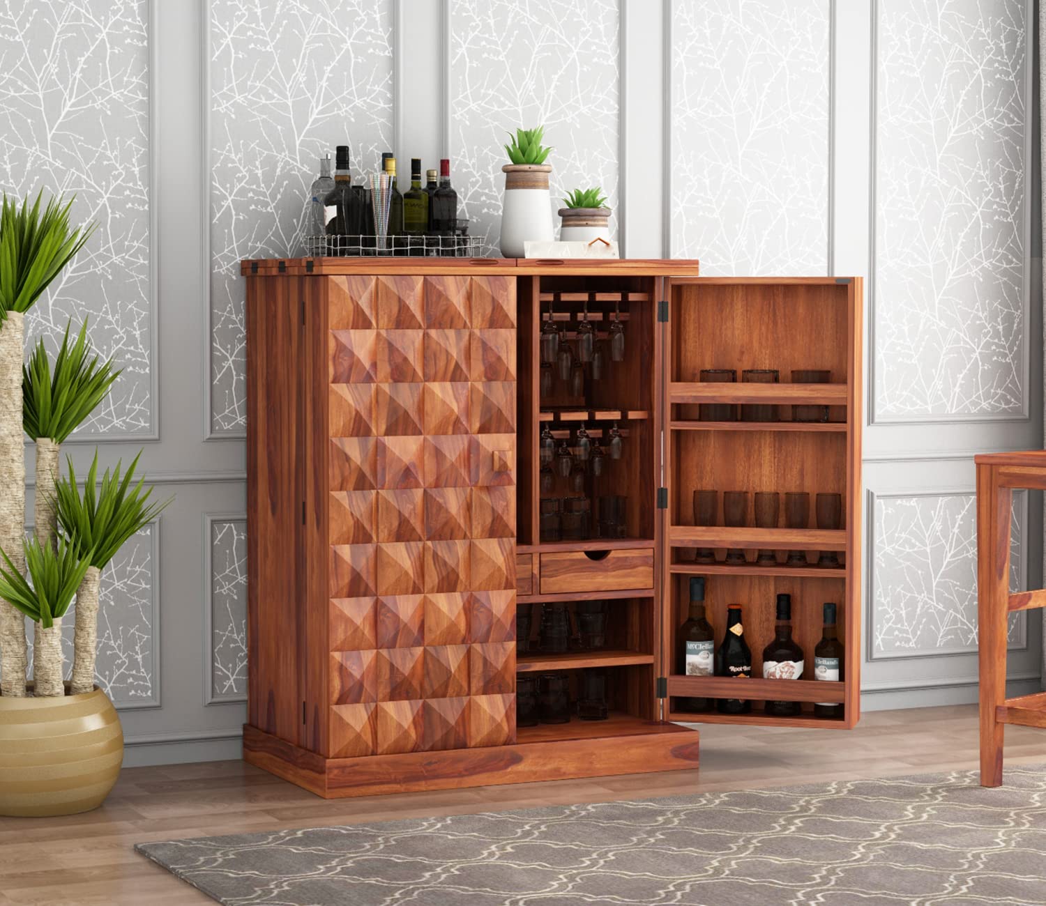 Krishna Wood Decor Solid Sheesham Wood Bar Cabinet with Wine Rack and Glass Holder, Bar Units with Storage Drawer, Furniture for Home, Restaurant and Hotel Areas-image-37
