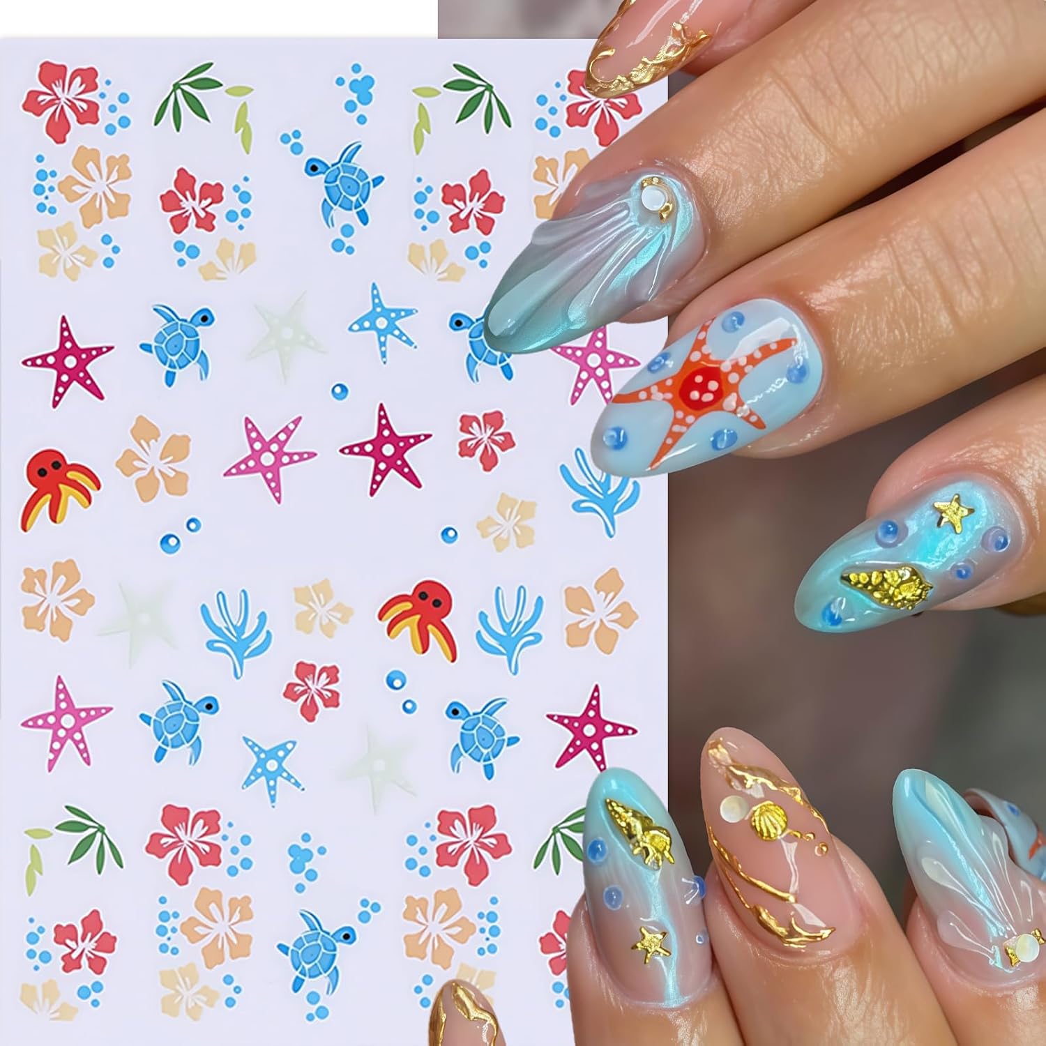 6 Sheets Summer Beach Nail Stickers for Nail Art Tropical Nail Decals 3D Self-Adhesive Ocean Seahorse Hibiscus Flower Small Floral Summer Hawaii Design Manicure Tropical Nail Accessories for Women
