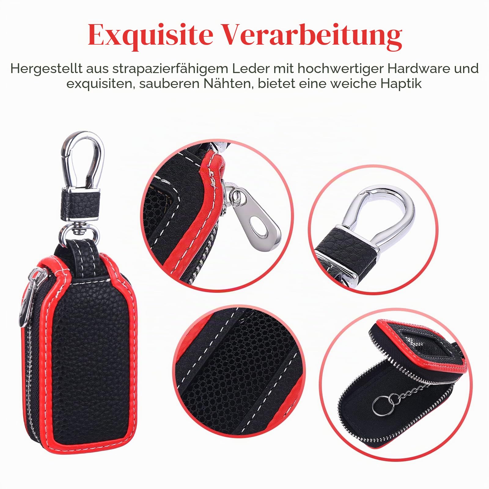 Prasacco Auto Schlüsselanhänger Tasche, Rindsleder Schlüsseletui Tragbares Autoschlüssel Tasche Autoschlüsselanhänger Schutzhülle mit Reißverschluss und Karabiner - 8 x 4,5 x 1,8 cm (Schwarz, Rot)